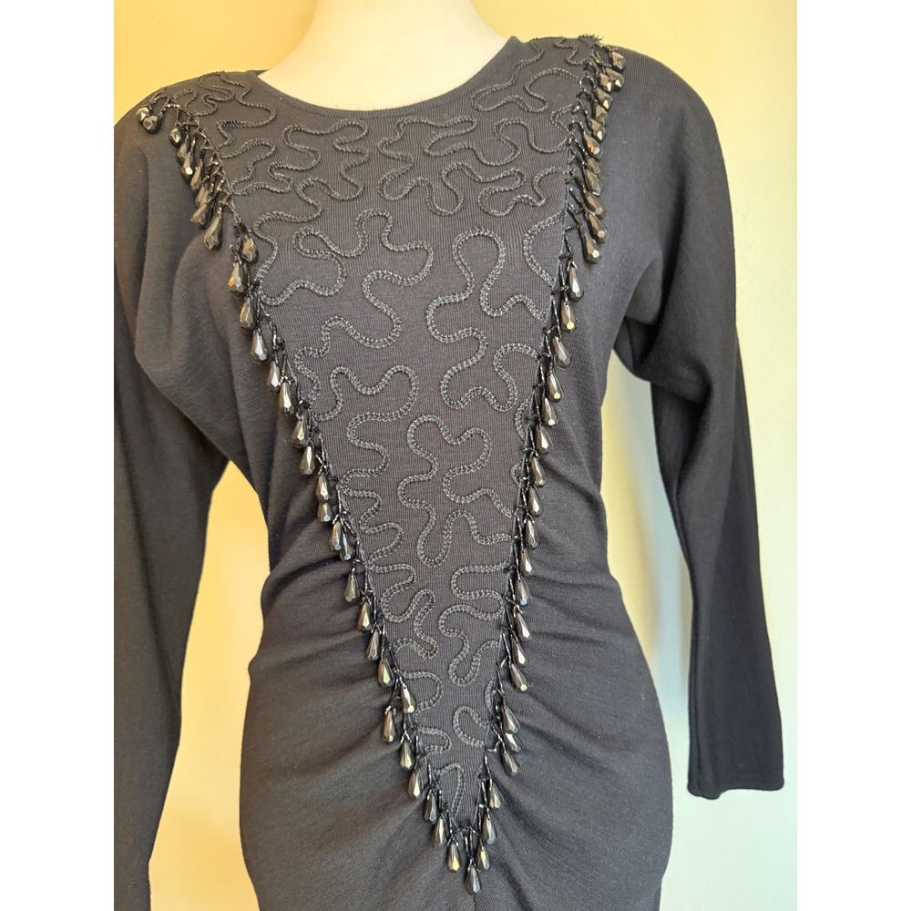 Andrea Jovine Vintage Black Wool Beaded Midi Dress boho whimsi goth dainty y2k s - Picture 5 of 7